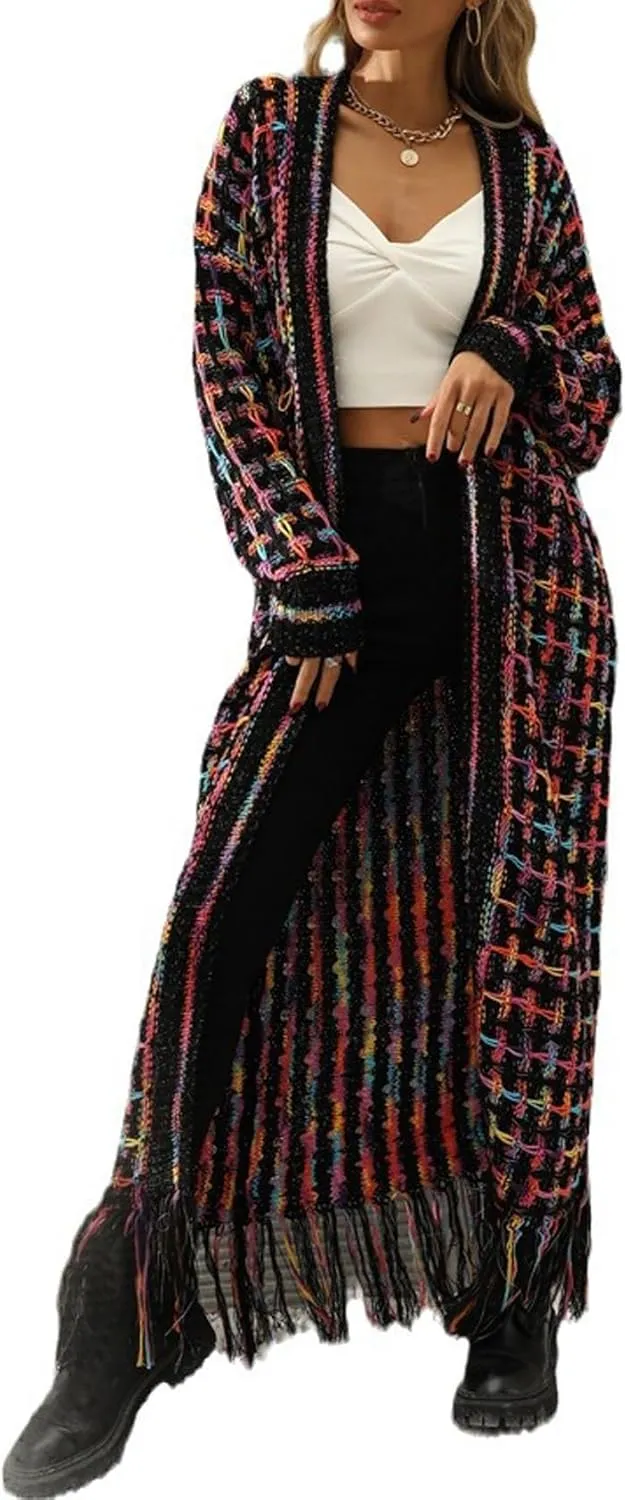 Womens Cardigan Maxi Long Boho Sweater Aztec Open Front Fringed Tassels Jacket Outwear