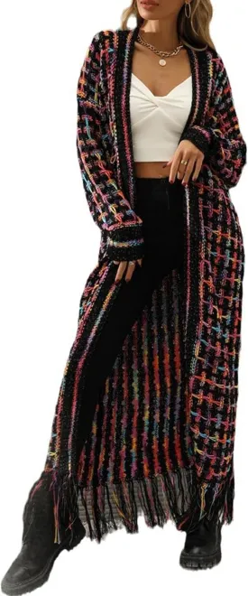 Womens Cardigan Maxi Long Boho Sweater Aztec Open Front Fringed Tassels Jacket Outwear