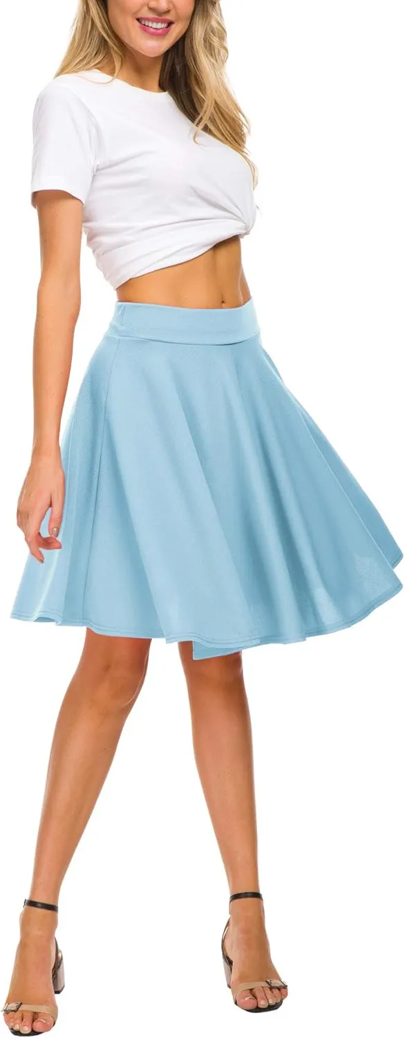 Women's Casual Stretchy Flared Mini Skater Skirt Basic A-Line Pleated Midi Skirt