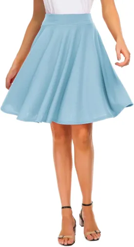 Women's Casual Stretchy Flared Mini Skater Skirt Basic A-Line Pleated Midi Skirt