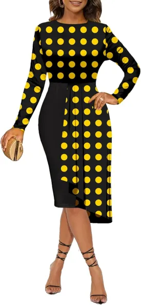 Women's Cocktail Party Dress Long Sleeve Floral Vintage Fit Flare Asymmetrical Flowy Midi Dresses