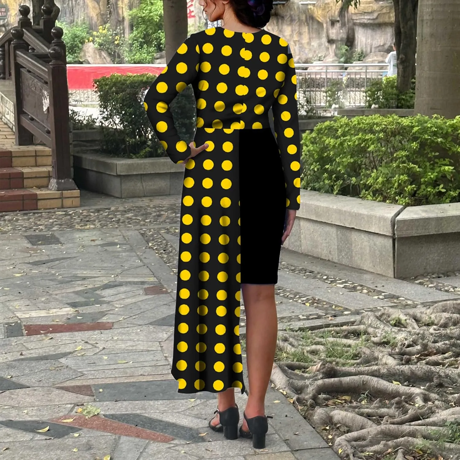 Women's Cocktail Party Dress Long Sleeve Floral Vintage Fit Flare Asymmetrical Flowy Midi Dresses