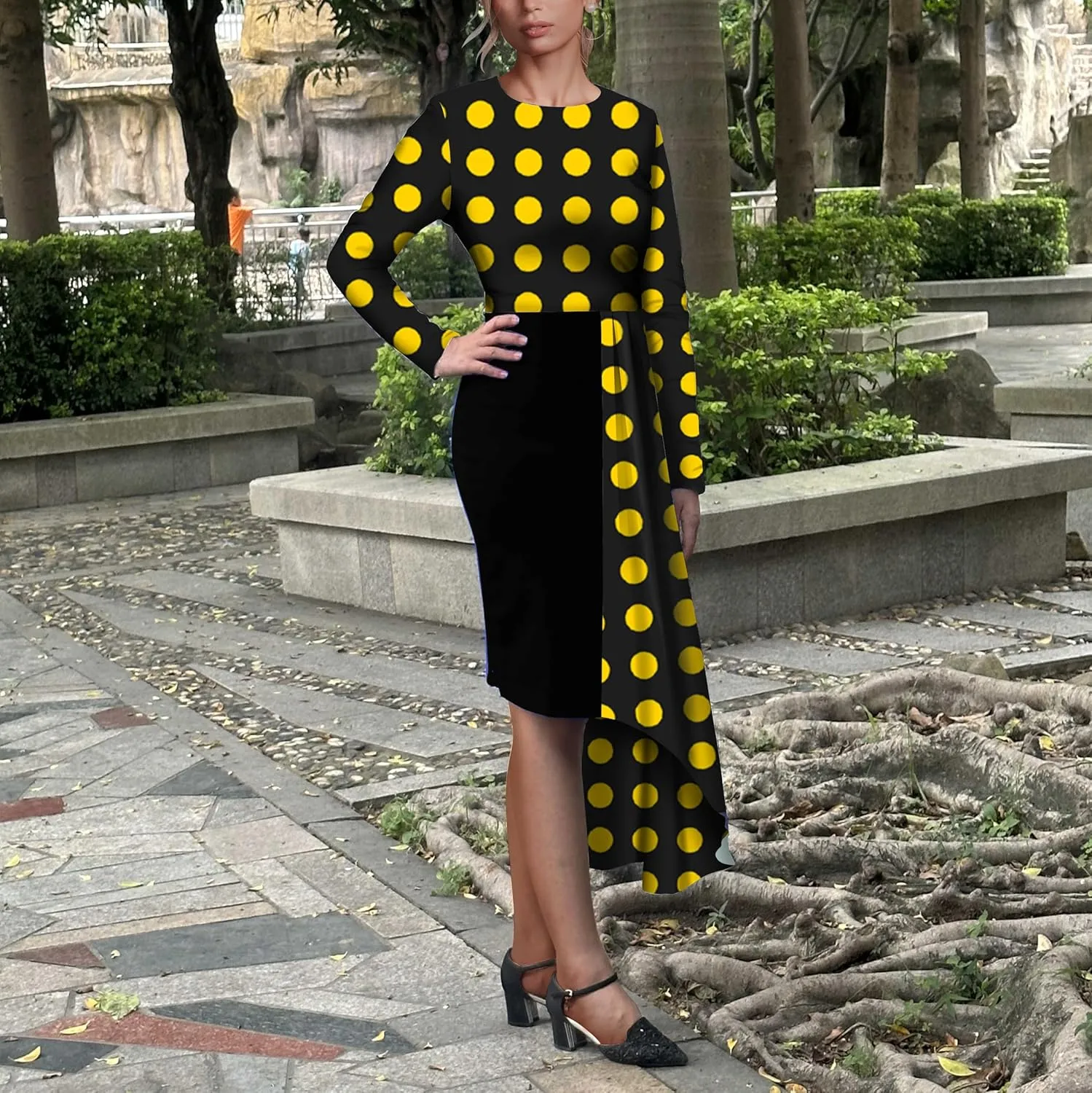 Women's Cocktail Party Dress Long Sleeve Floral Vintage Fit Flare Asymmetrical Flowy Midi Dresses