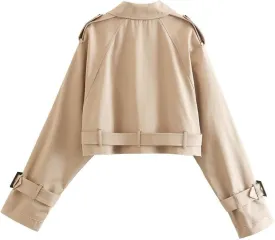 Women's Cropped Trench Coat Utility Short Trench Jacket Long Sleeve Fall Crop Top Coat Double Breasted Outerwear