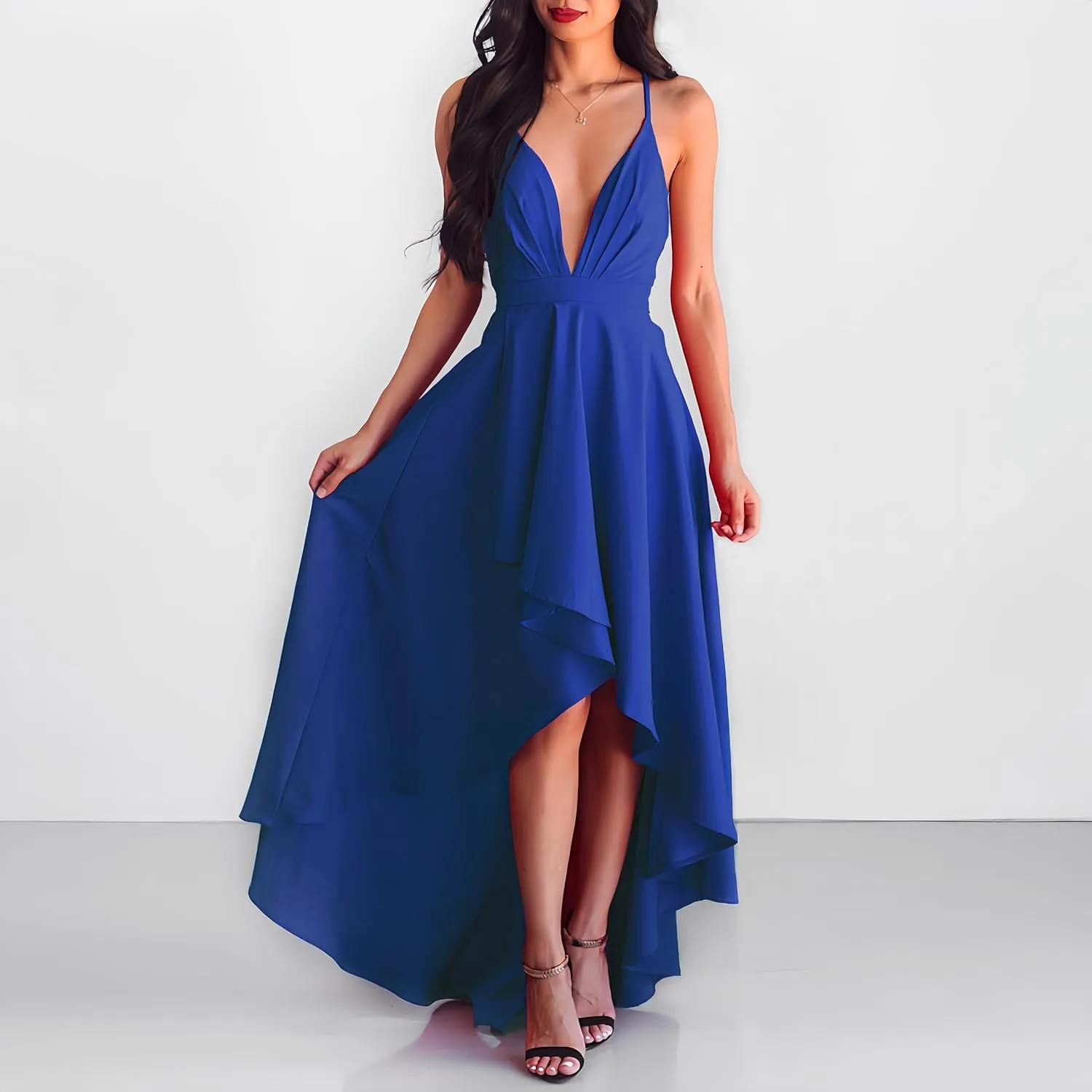 Womens Evening Gowns Deep V-Neck Party Dresses Sleeveless A-line High-Low Formal Cocktail Long Evening Dress