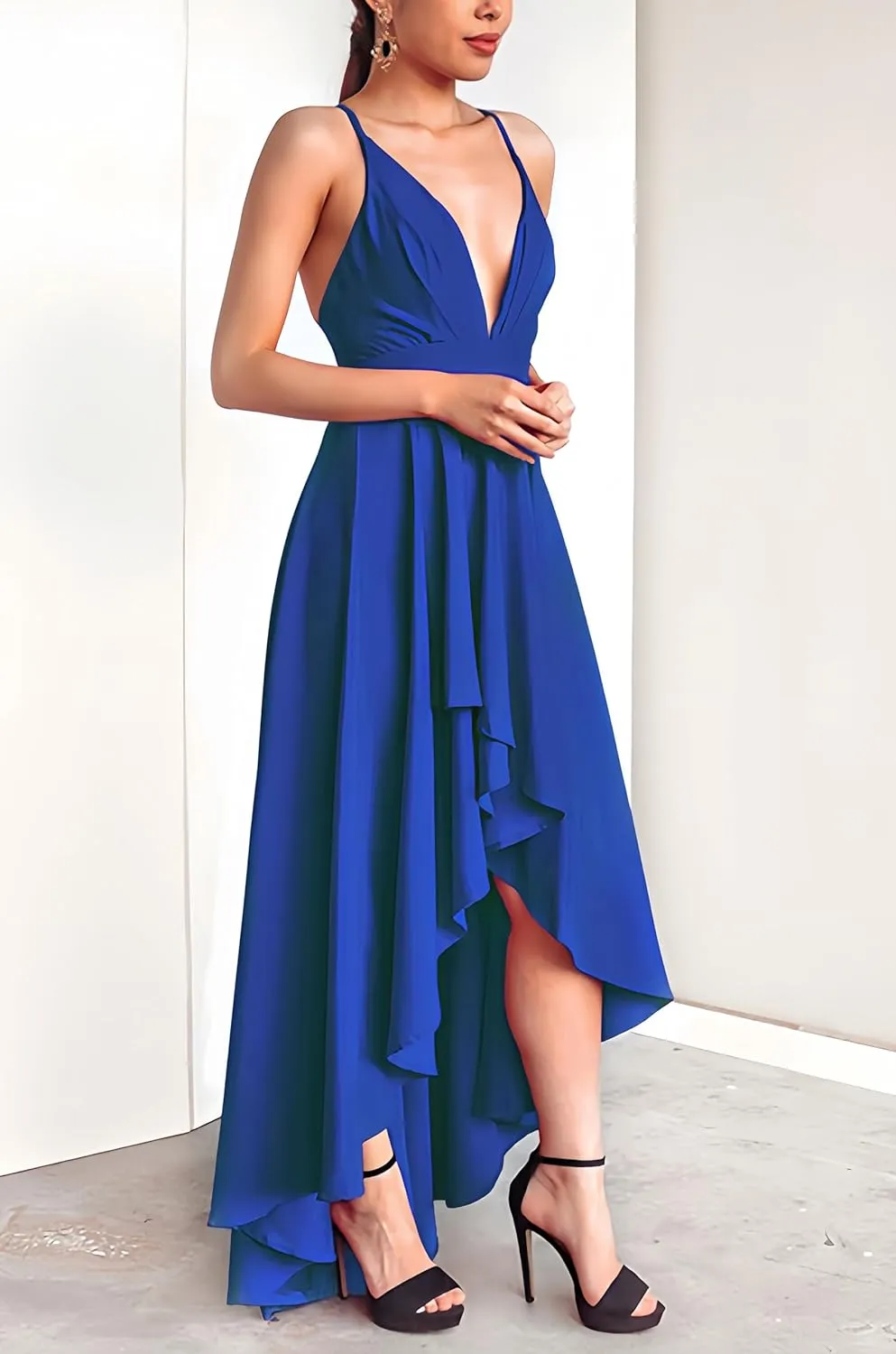 Womens Evening Gowns Deep V-Neck Party Dresses Sleeveless A-line High-Low Formal Cocktail Long Evening Dress