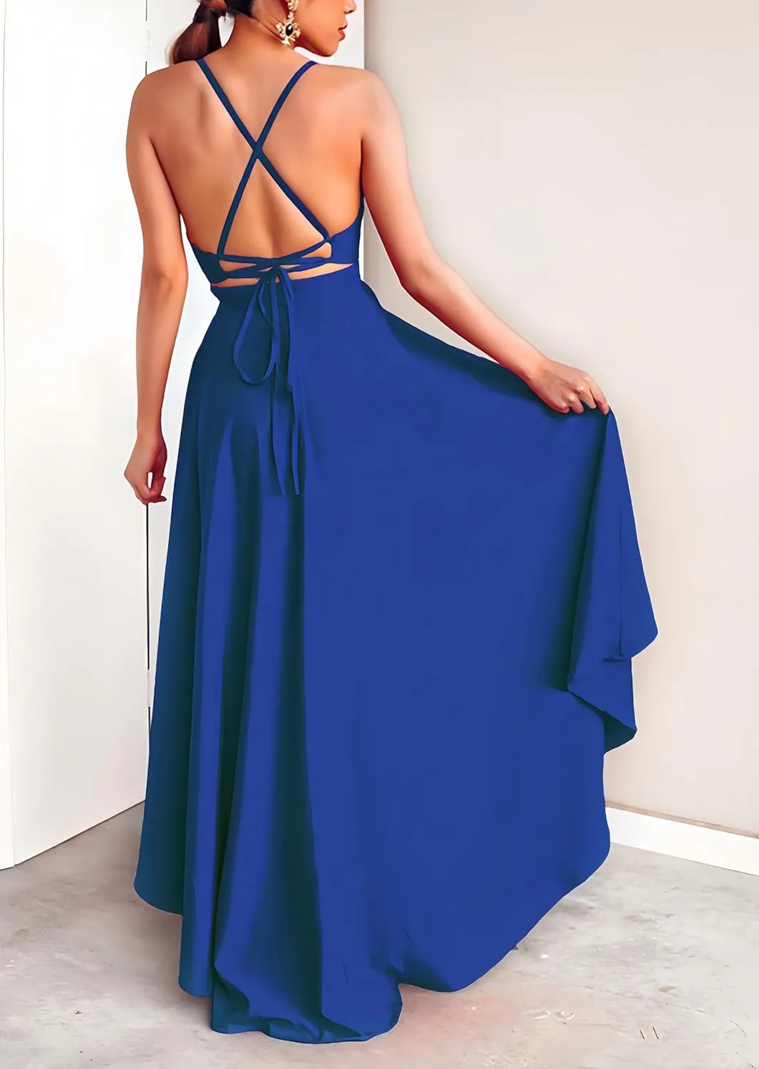 Womens Evening Gowns Deep V-Neck Party Dresses Sleeveless A-line High-Low Formal Cocktail Long Evening Dress