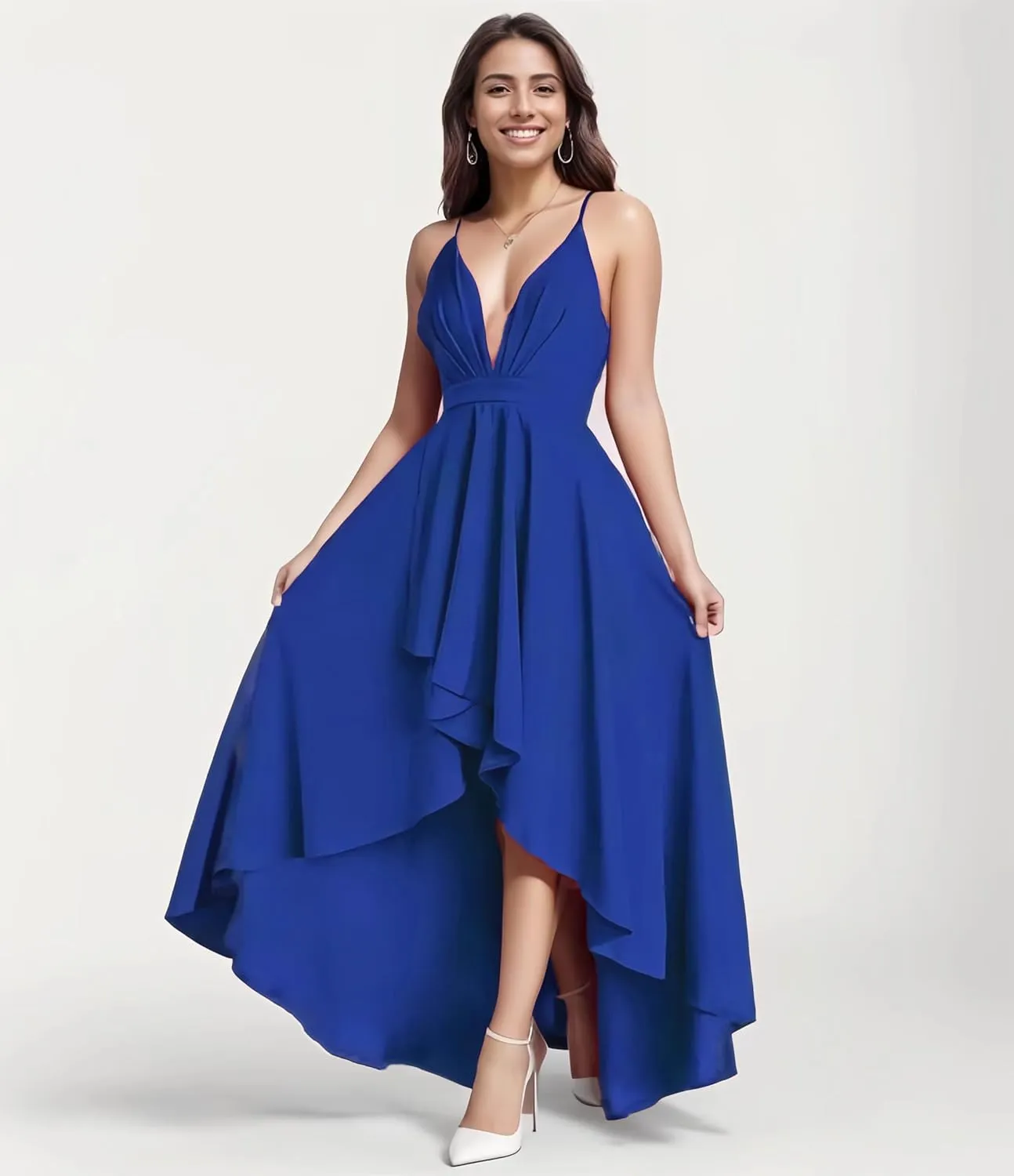 Womens Evening Gowns Deep V-Neck Party Dresses Sleeveless A-line High-Low Formal Cocktail Long Evening Dress