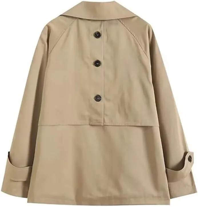 Women's Loose Fit Double Breasted Windbreaker Jacket Casual Long Sleeve Coat With Pockets Outerwear