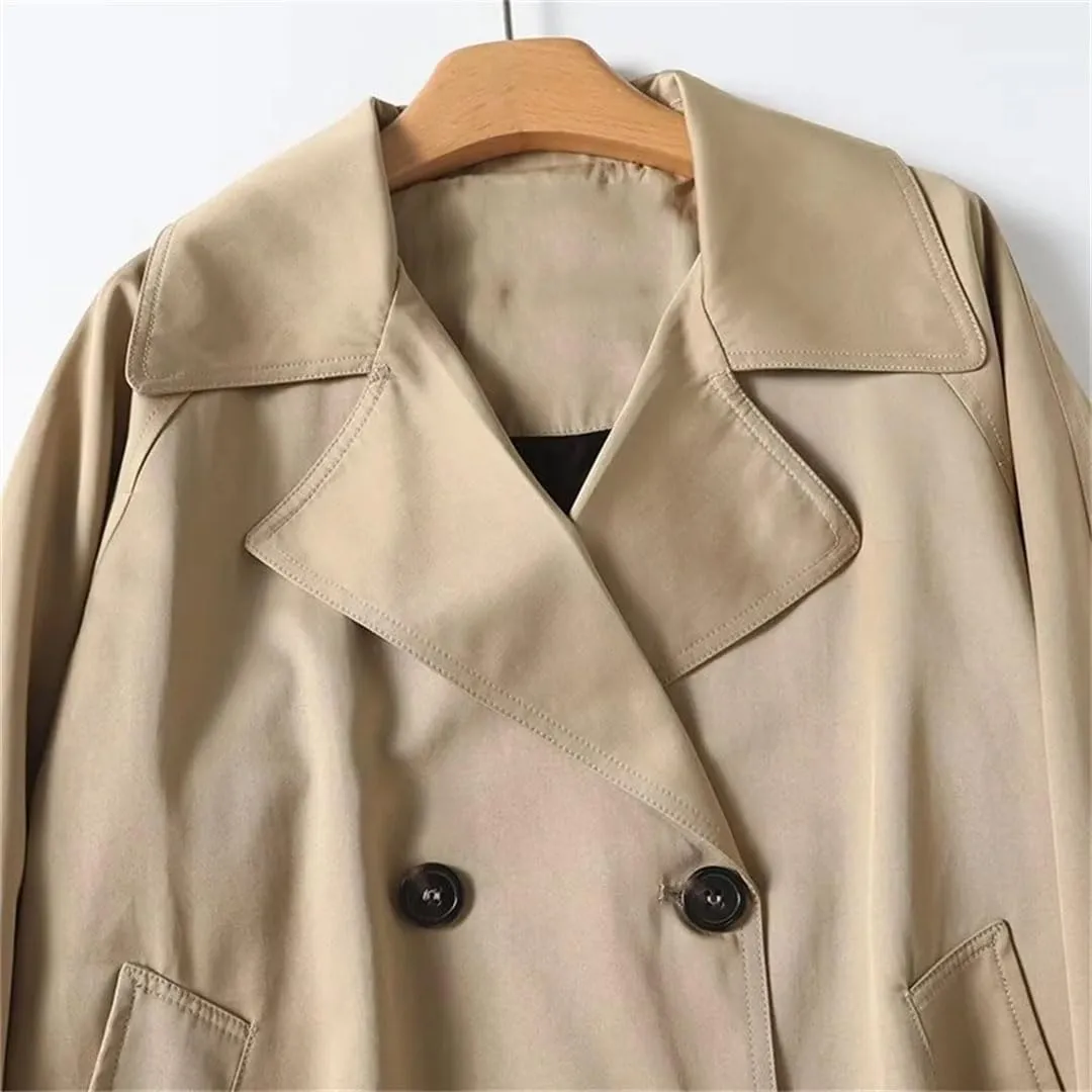 Women's Loose Fit Double Breasted Windbreaker Jacket Casual Long Sleeve Coat With Pockets Outerwear