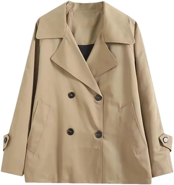 Women's Loose Fit Double Breasted Windbreaker Jacket Casual Long Sleeve Coat With Pockets Outerwear
