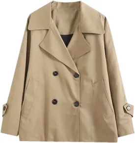 Women's Loose Fit Double Breasted Windbreaker Jacket Casual Long Sleeve Coat With Pockets Outerwear
