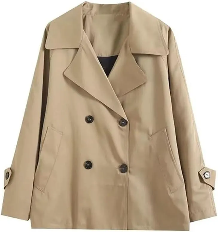 Women's Loose Fit Double Breasted Windbreaker Jacket Casual Long Sleeve Coat With Pockets Outerwear