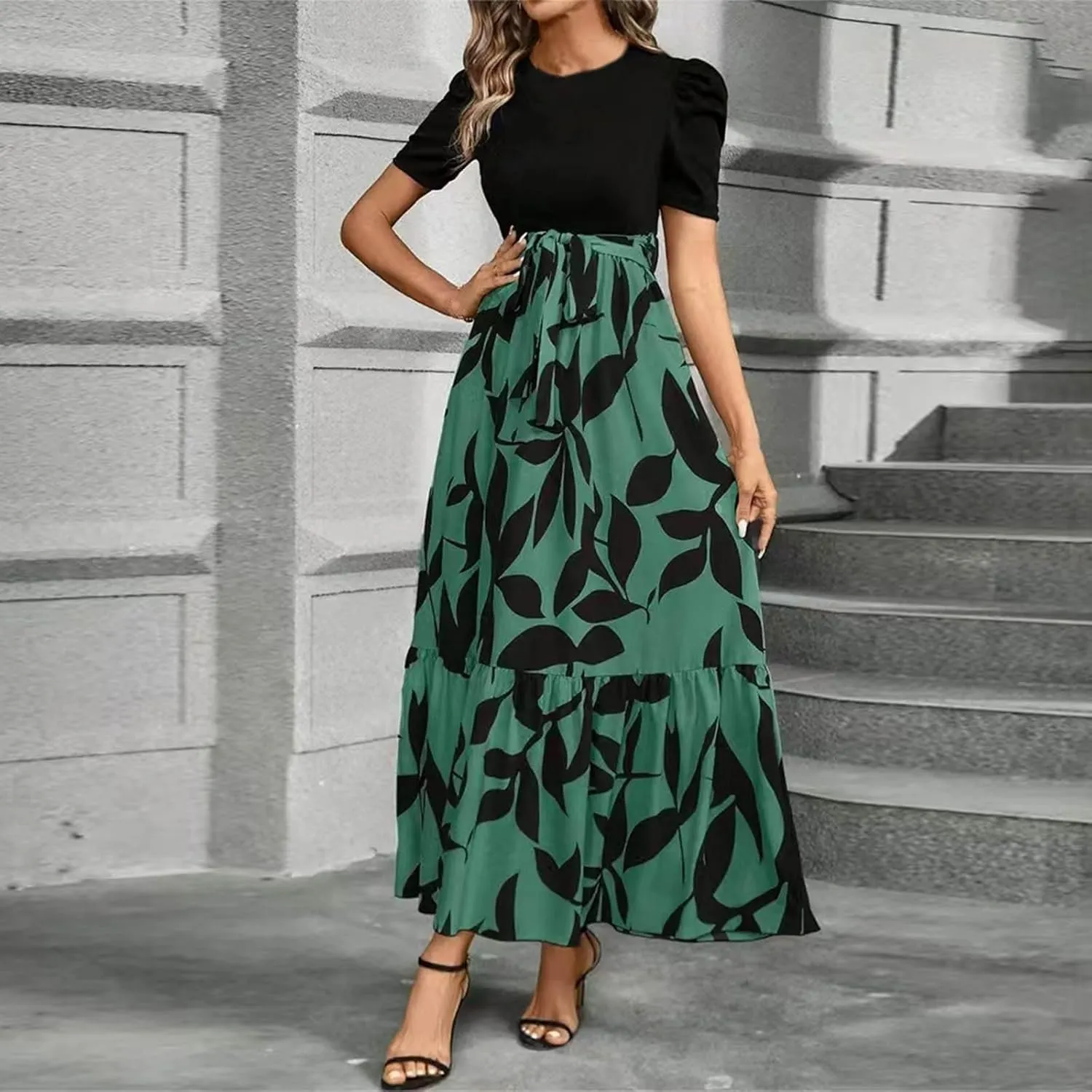 Womens Maxi Floral Dresses 2025 Elegant Boho Patchwork Empire Waist Tie Belted Short Sleeve Wedding Guest Long Dress