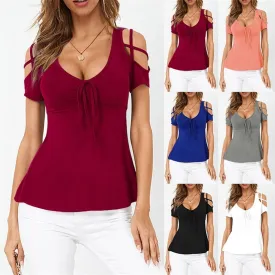 Womens V-Neck Bow Cross Strap Off Shoulder Short Sleeve T-shirt