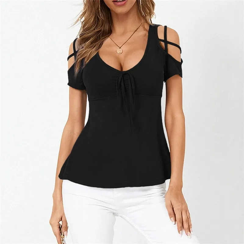 Womens V-Neck Bow Cross Strap Off Shoulder Short Sleeve T-shirt