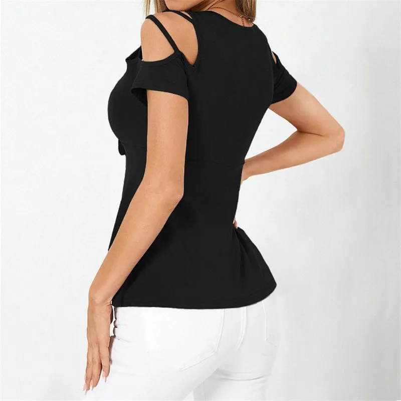 Womens V-Neck Bow Cross Strap Off Shoulder Short Sleeve T-shirt