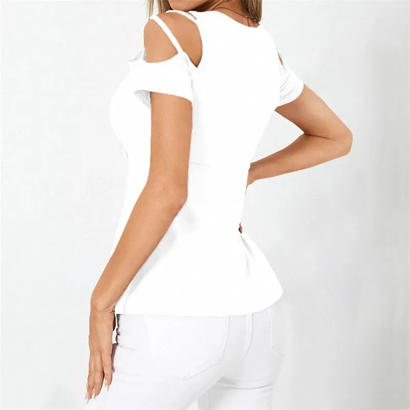 Womens V-Neck Bow Cross Strap Off Shoulder Short Sleeve T-shirt