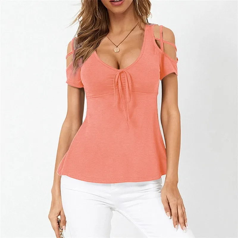Womens V-Neck Bow Cross Strap Off Shoulder Short Sleeve T-shirt