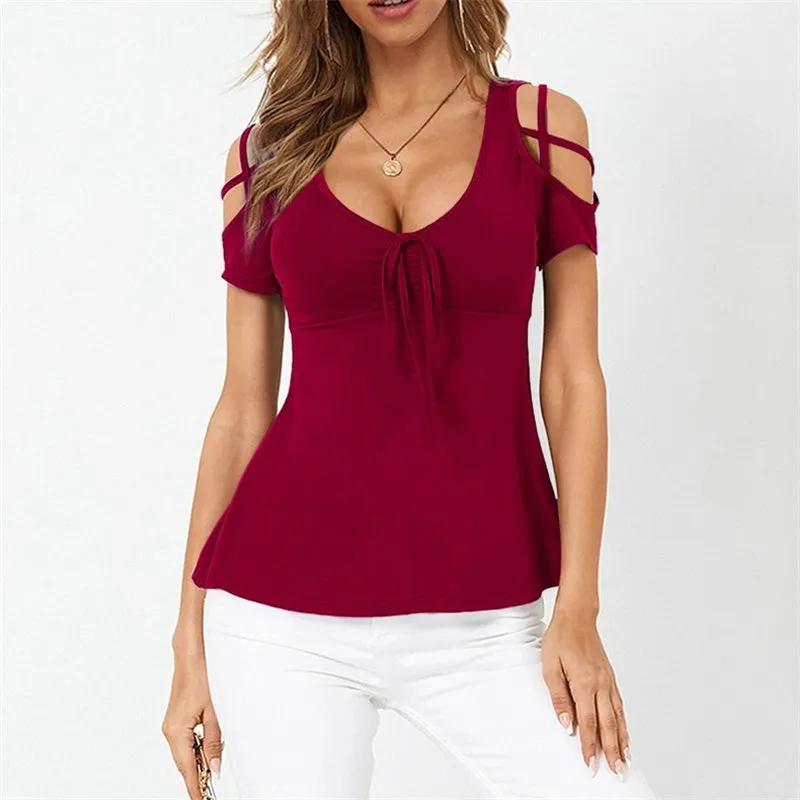 Womens V-Neck Bow Cross Strap Off Shoulder Short Sleeve T-shirt