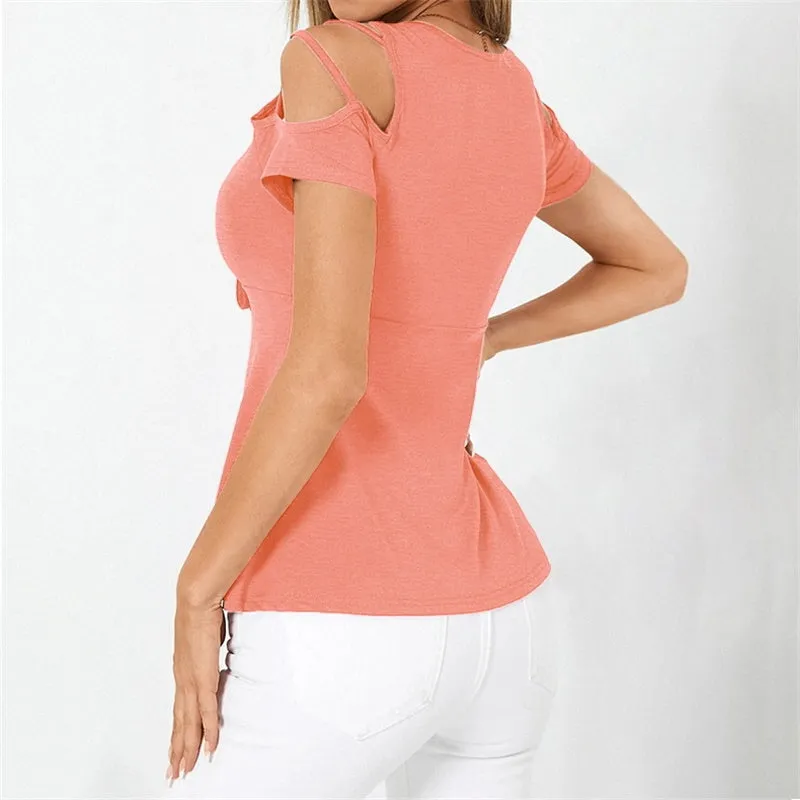 Womens V-Neck Bow Cross Strap Off Shoulder Short Sleeve T-shirt