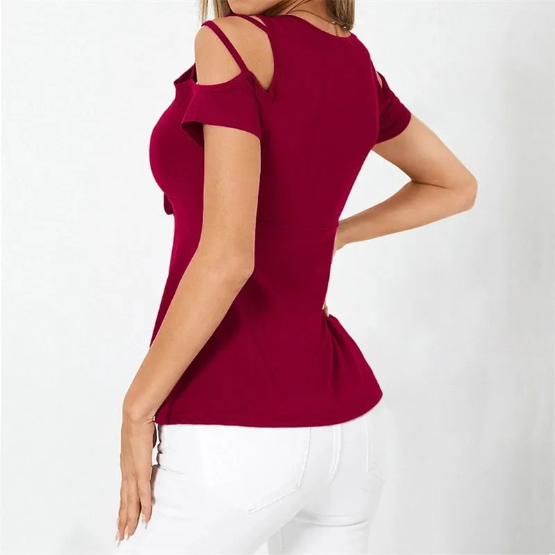 Womens V-Neck Bow Cross Strap Off Shoulder Short Sleeve T-shirt