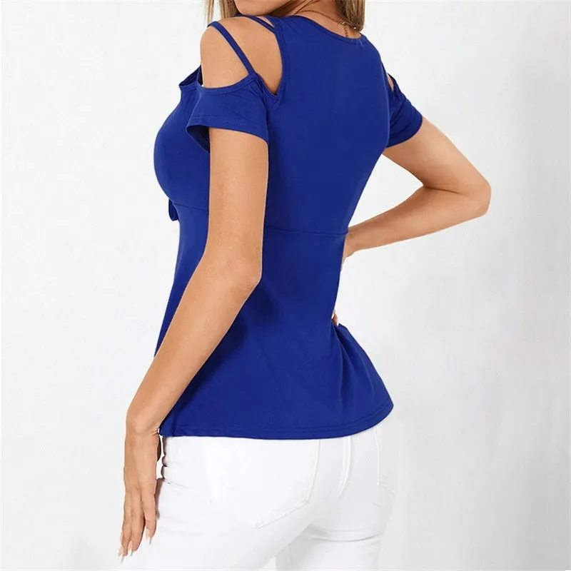 Womens V-Neck Bow Cross Strap Off Shoulder Short Sleeve T-shirt