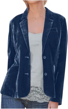 Womens Velvet Blazer Cozy Lightweight Outerwear Retro Buttons Long Sleeve Pokets Jacket Cardigan Coat Office Blazers