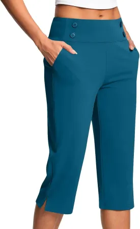 Work Pants for Women Summer High Waisted Stretchy Capris Dressy Casual Golf Capri Pants Pull On Slacks with Pockets