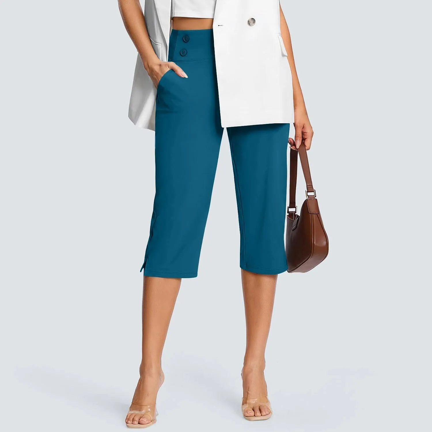 Work Pants for Women Summer High Waisted Stretchy Capris Dressy Casual Golf Capri Pants Pull On Slacks with Pockets