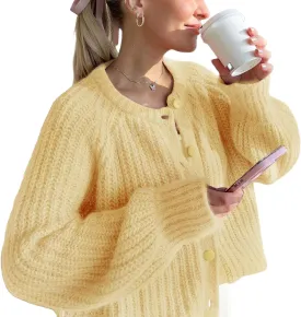 YKR Womens Fall Cardigan Sweater Long Sleeve Chunky Knit Open Front Button Loose Casual Cardigan Coat
