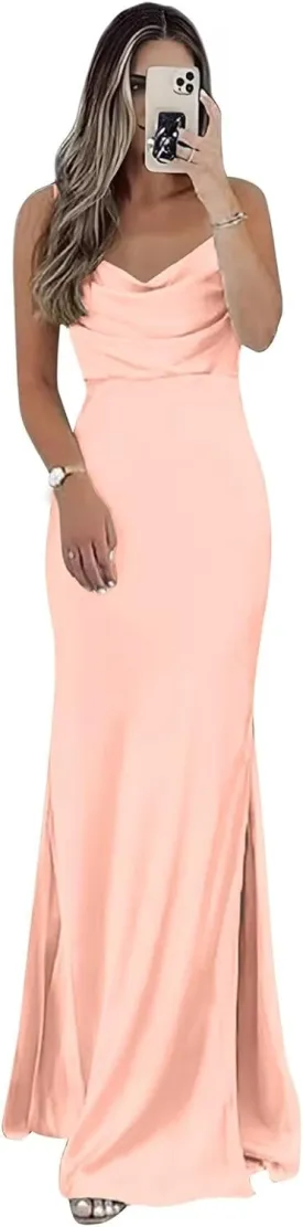 zcbang Bridesmaid Dresses for Wedding Satin Cowl Neck Long Formal Evening Gowns with Slit