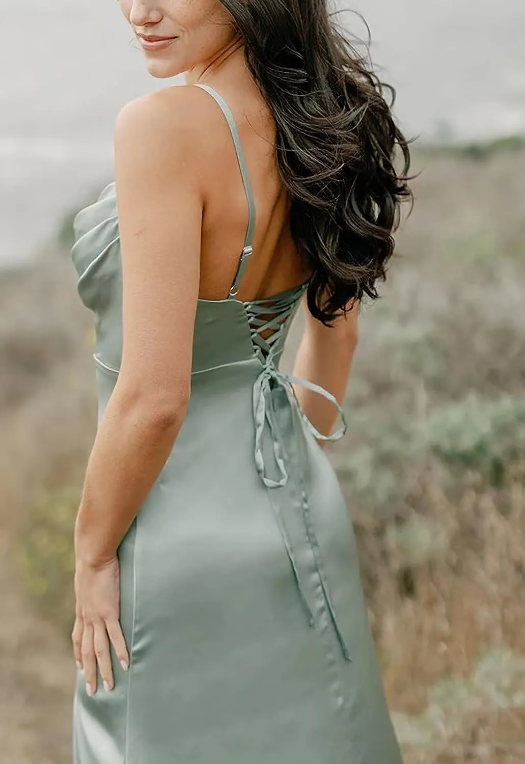 zcbang Bridesmaid Dresses for Wedding Satin Cowl Neck Long Formal Evening Gowns with Slit