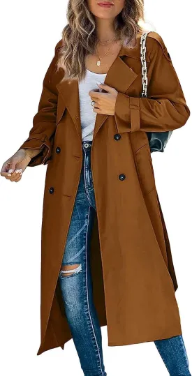 Zontroldy Women's Double Breasted Long Trench Coat Lapel Solid Color Windbreaker Jacket with Belt